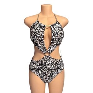 Tahari Leopard Print Cutout Monokini One Piece Swimsuit Gold Hardware XL NWT